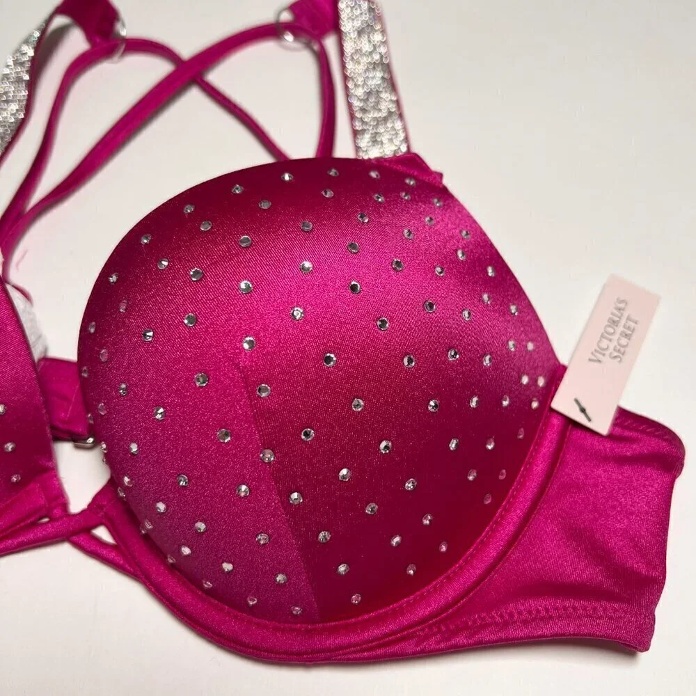 Victoria Secret 36A M Bombshell Push Up Bikini Top Set Shine Strap Berry Blush